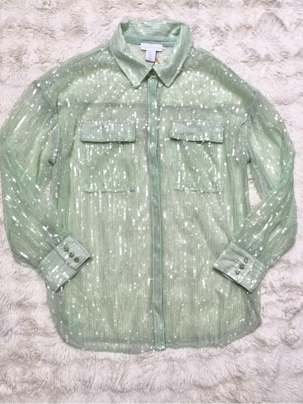 NWT House of Harlow 1960 Light Green Sequin Button Down Top
